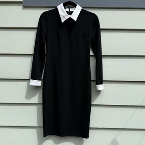 Wednesday Adams Style Black and White Collared Fitted Dress Med.
